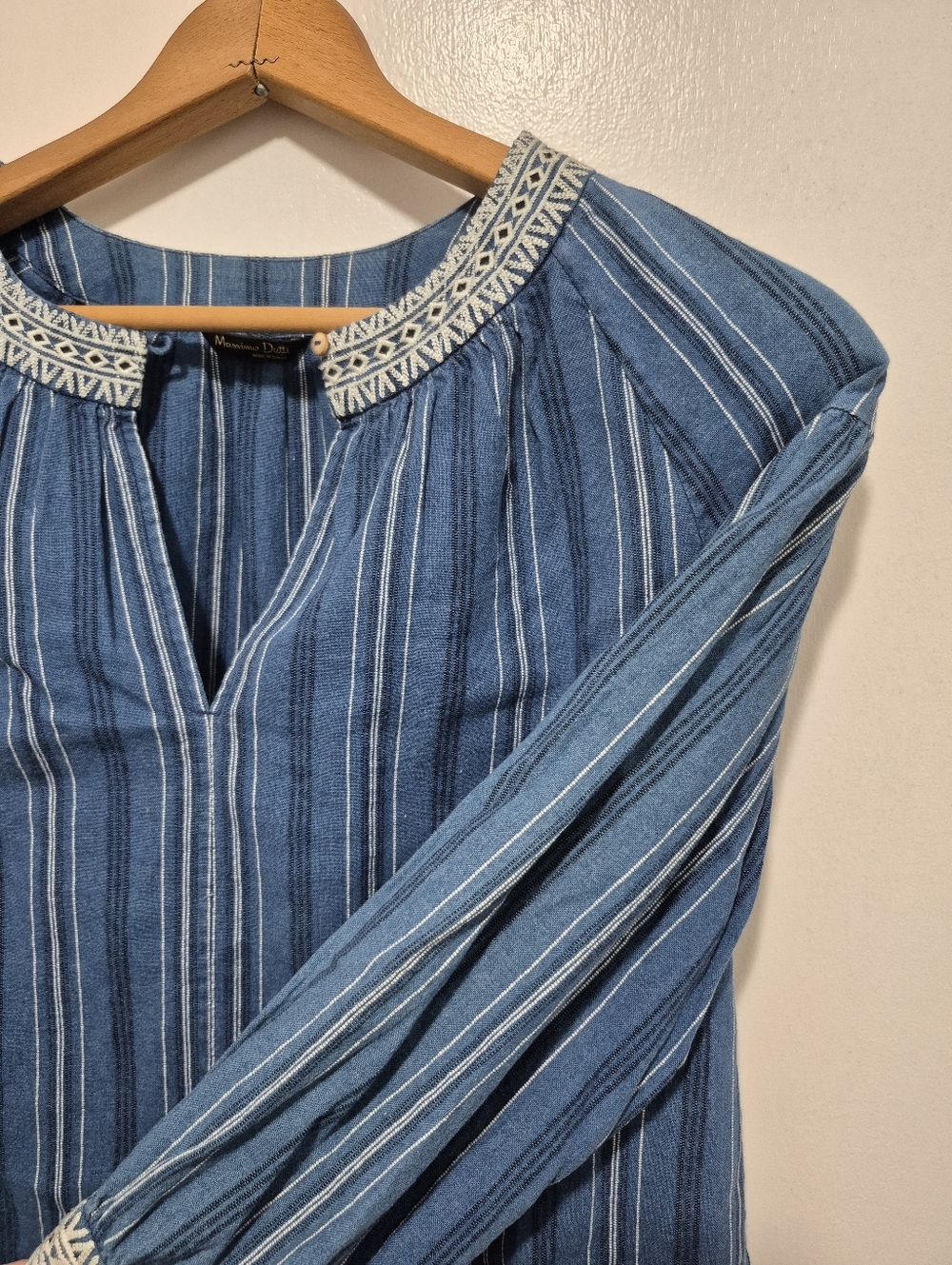 Massimo Dutti Chambray Striped Embroidered Blouse Size SMALL Coastal Bohemian